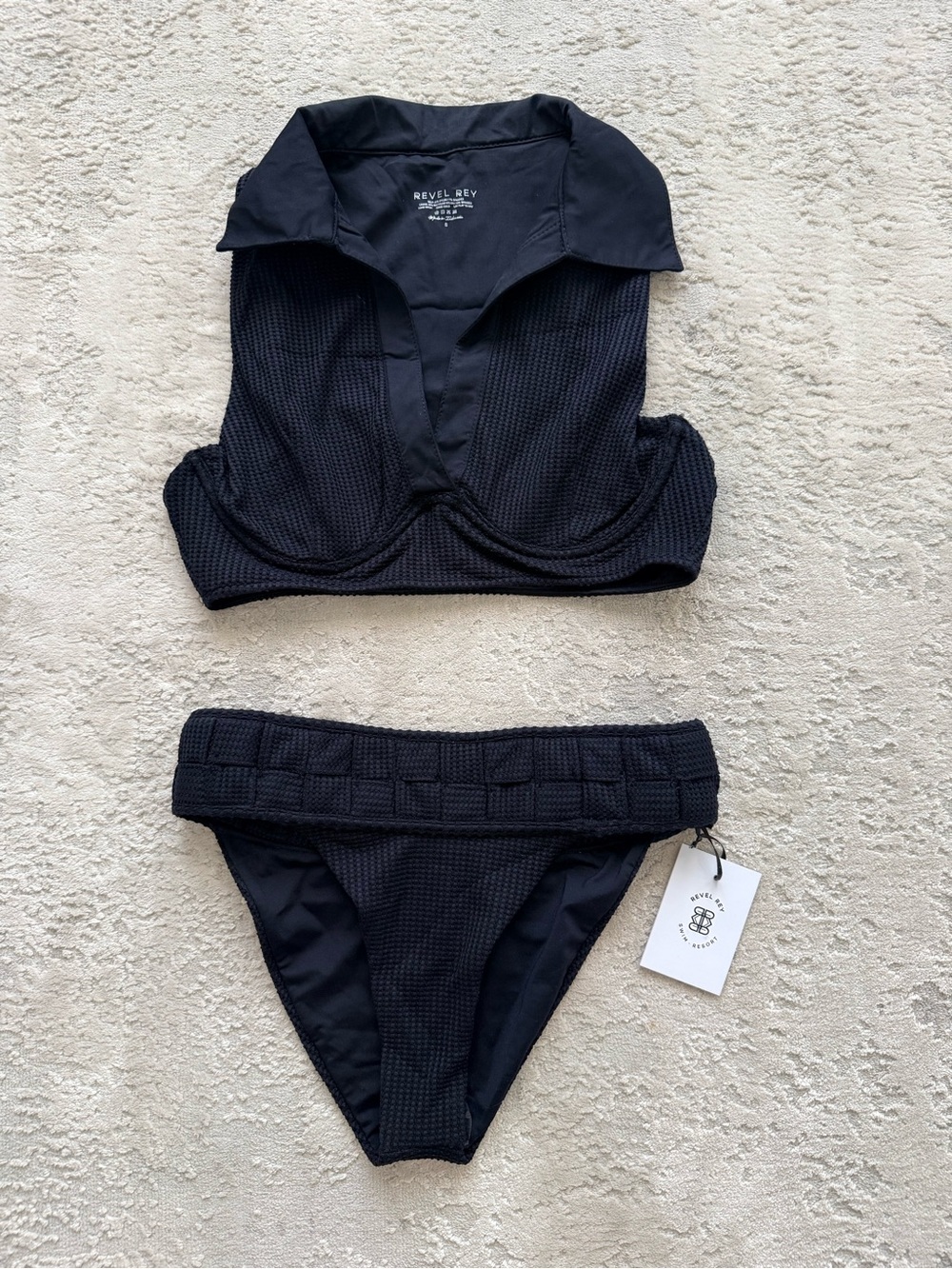 Revel Rey: Black Textured Collared Bikini Set